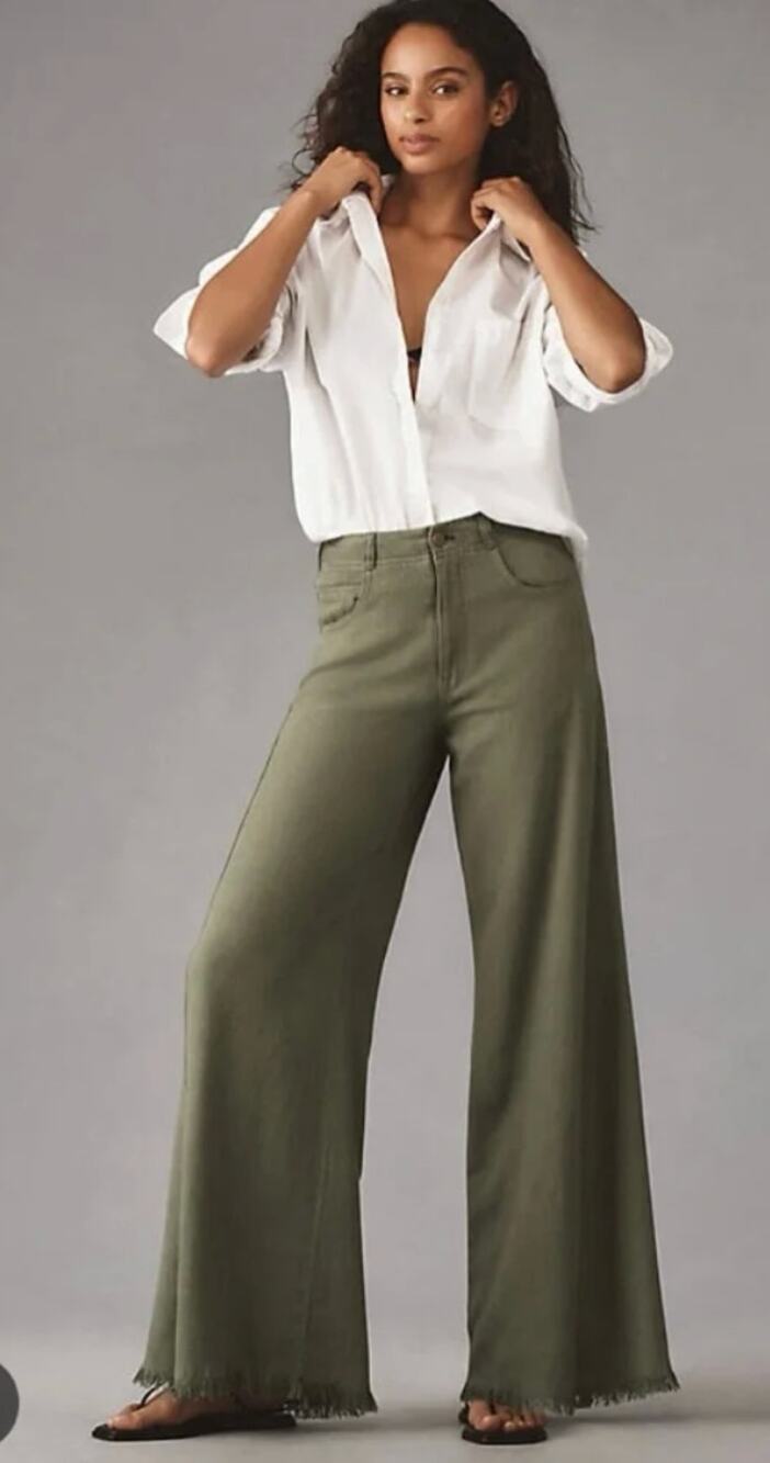 Anthropologie Pilcro Pants 30 Adi Mid Rise Flare Wide Leg Green Linen Edition